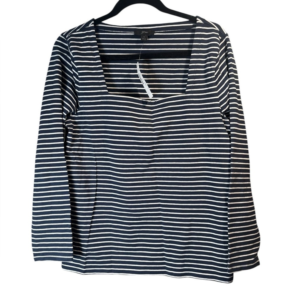 NWT J. Crew Navy Blue White Stripe Long Sleeve Shirt Square Neck Size Large - Picture 2 of 6
